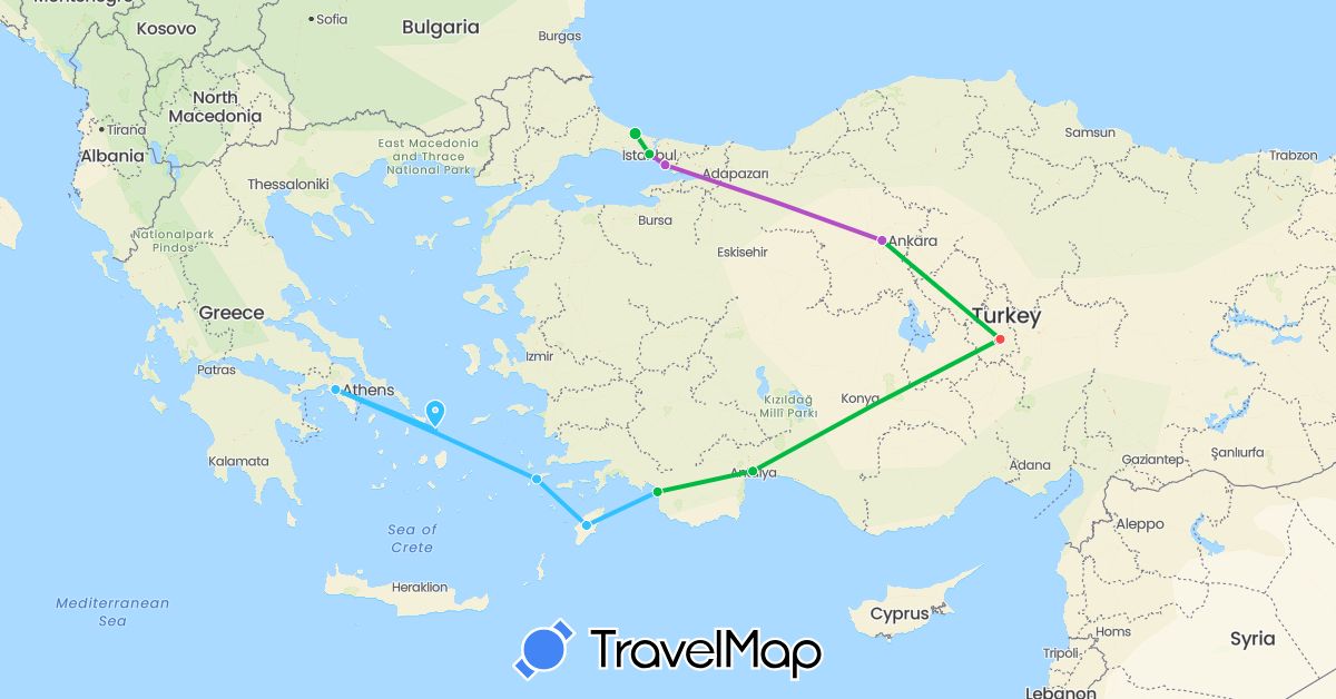 TravelMap itinerary: driving, bus, train, hiking, boat in Greece, Turkey (Asia, Europe)